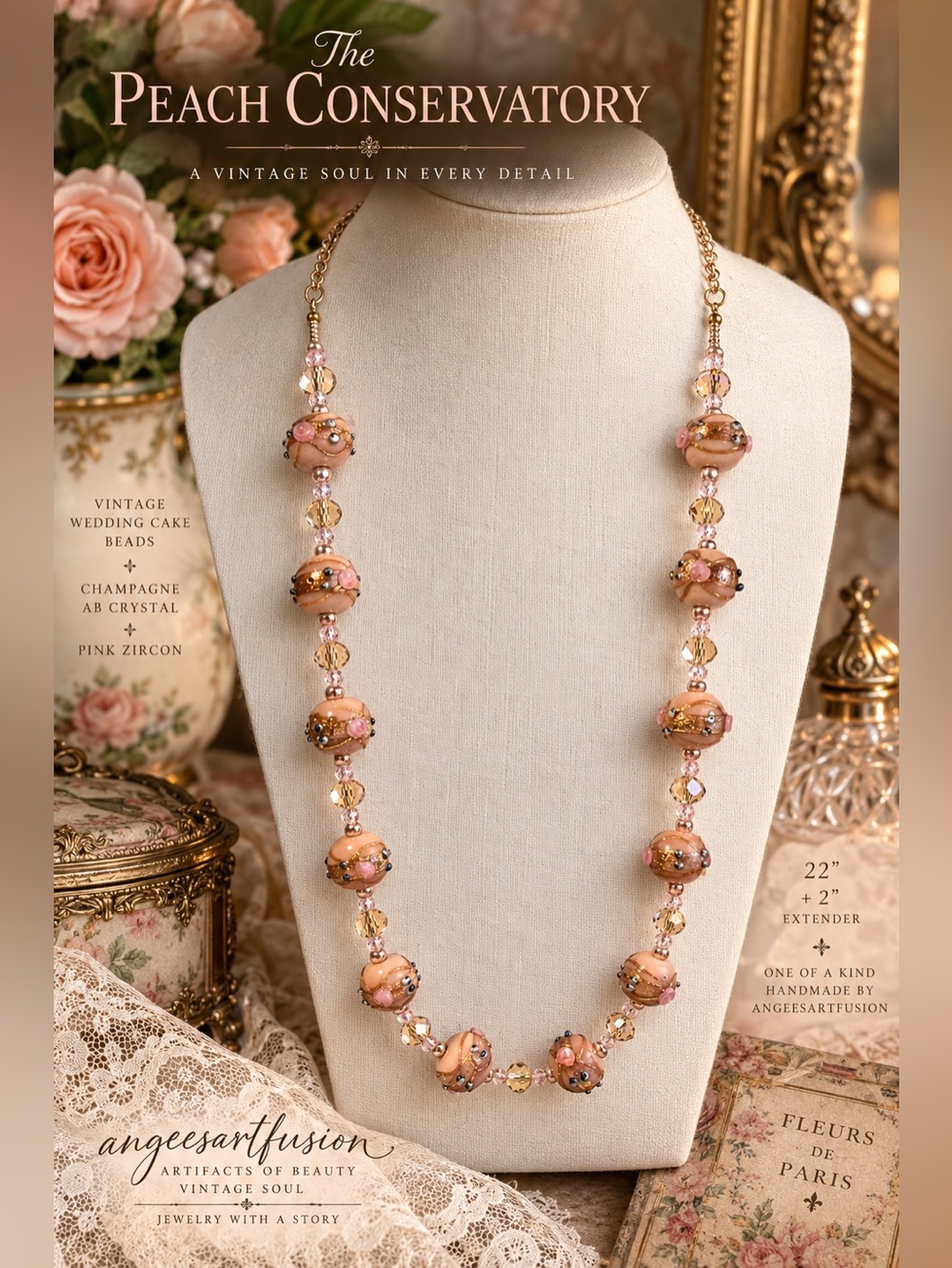 Vintage Wedding Cake Bead Necklace 22” Pink Zircon Champagne AB Crystal